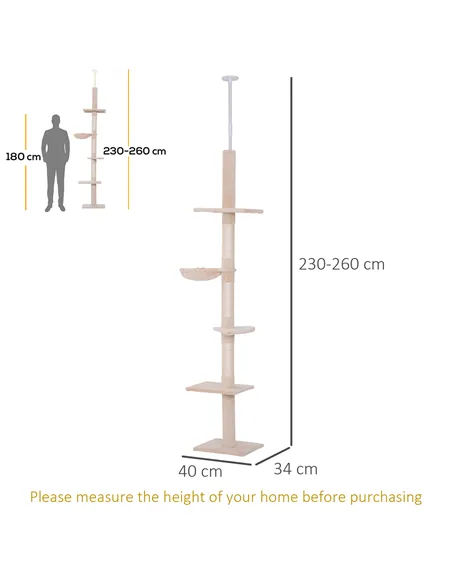 PawHut Floor to Ceiling Cat Tree Height Adjustable 230-260cm, 5-Tier Cat Tower with Scratching Post, Hammock, Perches, Climbing 