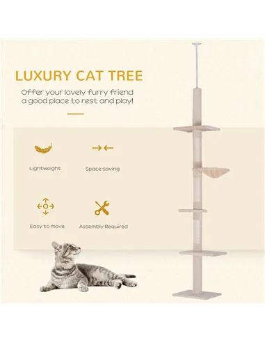 PawHut Floor to Ceiling Cat Tree Height Adjustable 230-260cm, 5-Tier Cat Tower with Scratching Post, Hammock, Perches, Climbing 