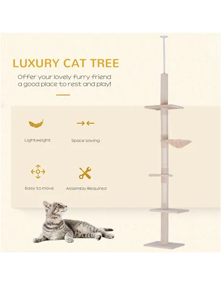 PawHut Floor to Ceiling Cat Tree Height Adjustable 230-260cm, 5-Tier Cat Tower with Scratching Post, Hammock, Perches, Climbing 