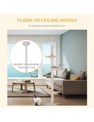 PawHut Floor to Ceiling Cat Tree Height Adjustable 230-260cm, 5-Tier Cat Tower with Scratching Post, Hammock, Perches, Climbing 