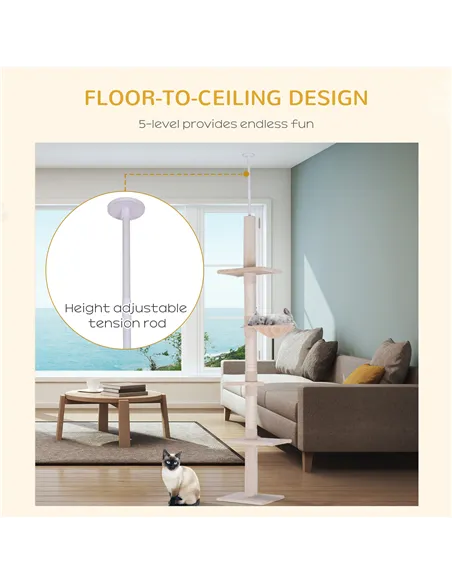 PawHut Floor to Ceiling Cat Tree Height Adjustable 230-260cm, 5-Tier Cat Tower with Scratching Post, Hammock, Perches, Climbing 