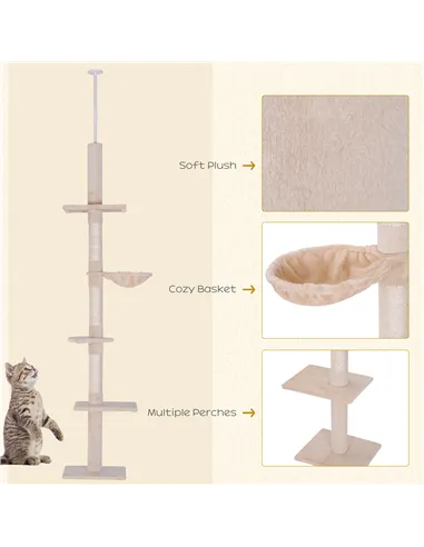 PawHut Floor to Ceiling Cat Tree Height Adjustable 230-260cm, 5-Tier Cat Tower with Scratching Post, Hammock, Perches, Climbing 