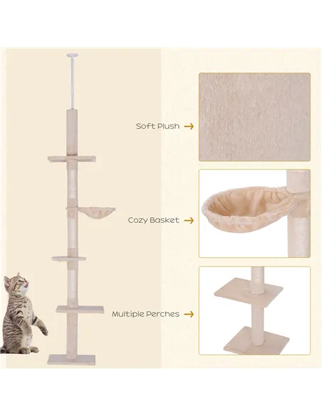 PawHut Floor to Ceiling Cat Tree Height Adjustable 230-260cm, 5-Tier Cat Tower with Scratching Post, Hammock, Perches, Climbing 