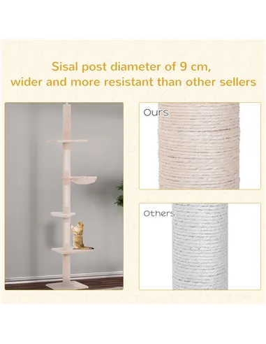 PawHut Floor to Ceiling Cat Tree Height Adjustable 230-260cm, 5-Tier Cat Tower with Scratching Post, Hammock, Perches, Climbing 