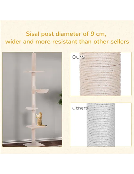 PawHut Floor to Ceiling Cat Tree Height Adjustable 230-260cm, 5-Tier Cat Tower with Scratching Post, Hammock, Perches, Climbing 