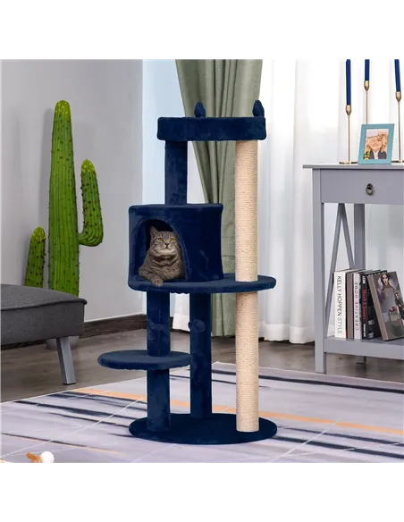 PawHut 104 cm Cat Tree, Cat Condo Tree Tower, Cat Activity Centre with Scratching Posts, Plush Perches, Hanging Ball - Blue