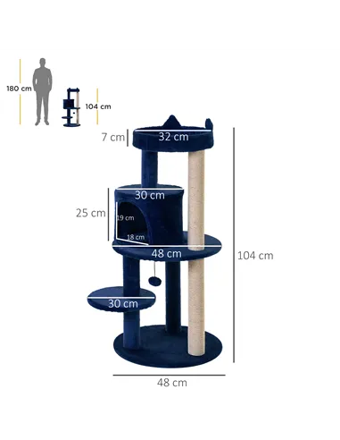 PawHut 104 cm Cat Tree, Cat Condo Tree Tower, Cat Activity Centre with Scratching Posts, Plush Perches, Hanging Ball - Blue