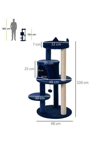 PawHut 104 cm Cat Tree, Cat Condo Tree Tower, Cat Activity Centre with Scratching Posts, Plush Perches, Hanging Ball - Blue