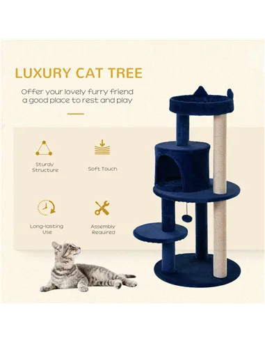 PawHut 104 cm Cat Tree, Cat Condo Tree Tower, Cat Activity Centre with Scratching Posts, Plush Perches, Hanging Ball - Blue