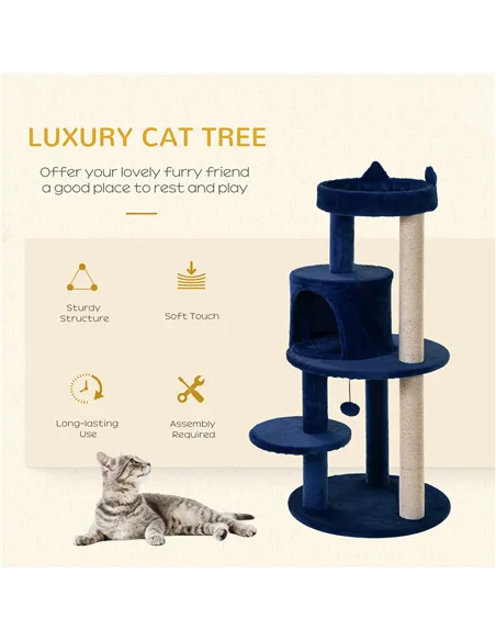 PawHut 104 cm Cat Tree, Cat Condo Tree Tower, Cat Activity Centre with Scratching Posts, Plush Perches, Hanging Ball - Blue