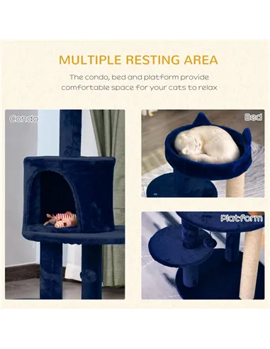 PawHut 104 cm Cat Tree, Cat Condo Tree Tower, Cat Activity Centre with Scratching Posts, Plush Perches, Hanging Ball - Blue