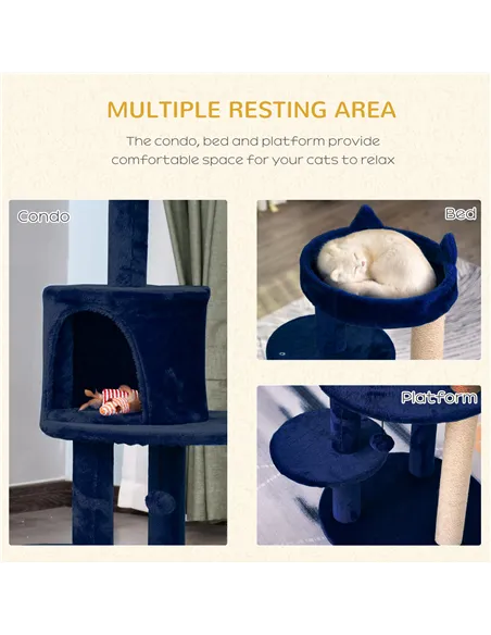 PawHut 104 cm Cat Tree, Cat Condo Tree Tower, Cat Activity Centre with Scratching Posts, Plush Perches, Hanging Ball - Blue