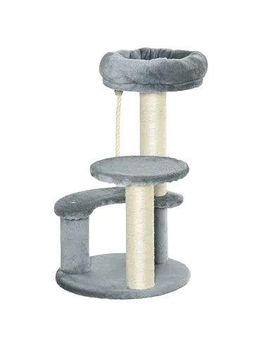 PawHut 65cm Cat Tree, Cat Tower for Kittens, Small Cat Condo with Sisal Scratching Posts, Hanging Rope, Perches - Grey