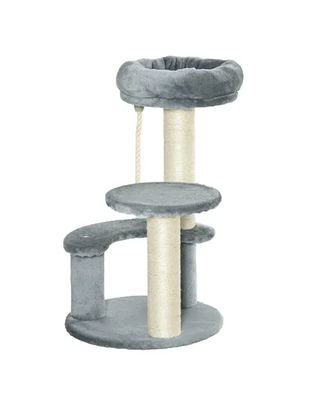 PawHut 65cm Cat Tree, Cat Tower for Kittens, Small Cat Condo with Sisal Scratching Posts, Hanging Rope, Perches - Grey