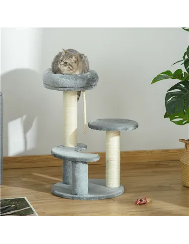 PawHut 65cm Cat Tree, Cat Tower for Kittens, Small Cat Condo with Sisal Scratching Posts, Hanging Rope, Perches - Grey