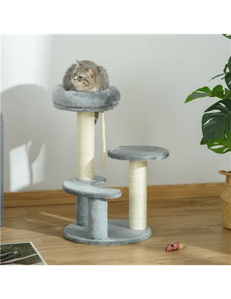 PawHut 65cm Cat Tree, Cat Tower for Kittens, Small Cat Condo with Sisal Scratching Posts, Hanging Rope, Perches - Grey