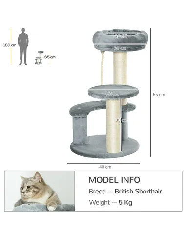 PawHut 65cm Cat Tree, Cat Tower for Kittens, Small Cat Condo with Sisal Scratching Posts, Hanging Rope, Perches - Grey