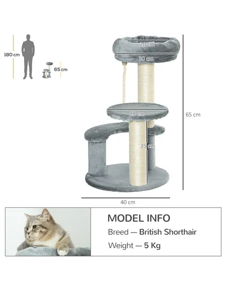 PawHut 65cm Cat Tree, Cat Tower for Kittens, Small Cat Condo with Sisal Scratching Posts, Hanging Rope, Perches - Grey