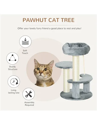 PawHut 65cm Cat Tree, Cat Tower for Kittens, Small Cat Condo with Sisal Scratching Posts, Hanging Rope, Perches - Grey