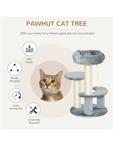 PawHut 65cm Cat Tree, Cat Tower for Kittens, Small Cat Condo with Sisal Scratching Posts, Hanging Rope, Perches - Grey