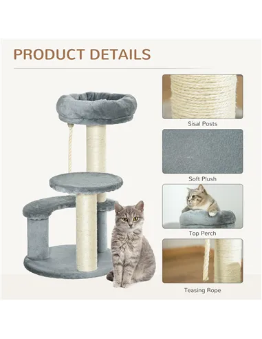 PawHut 65cm Cat Tree, Cat Tower for Kittens, Small Cat Condo with Sisal Scratching Posts, Hanging Rope, Perches - Grey