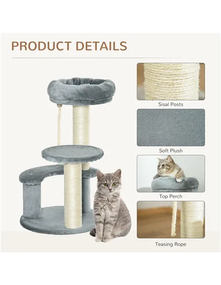 PawHut 65cm Cat Tree, Cat Tower for Kittens, Small Cat Condo with Sisal Scratching Posts, Hanging Rope, Perches - Grey