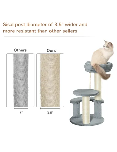 PawHut 65cm Cat Tree, Cat Tower for Kittens, Small Cat Condo with Sisal Scratching Posts, Hanging Rope, Perches - Grey