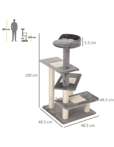 PawHut 100 cm Cat Tree for Indoor Cats Kitten Scratch Scratching Post Climbing Tower Activity Centre Grey