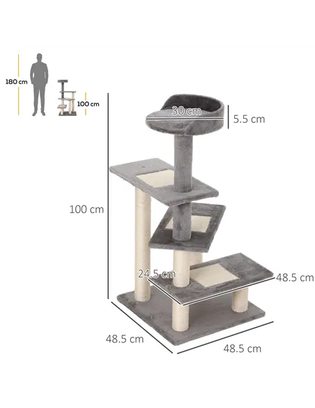 PawHut 100 cm Cat Tree for Indoor Cats Kitten Scratch Scratching Post Climbing Tower Activity Centre Grey