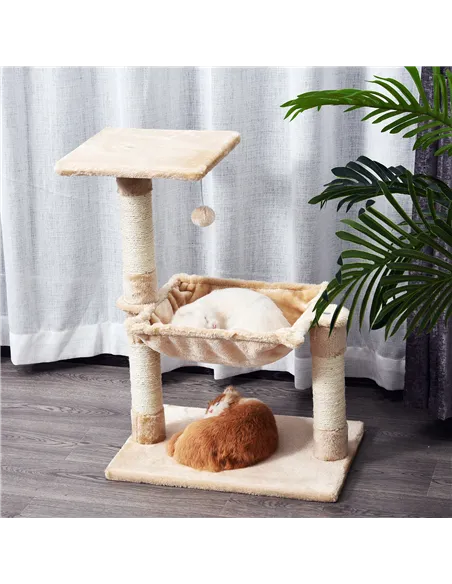 PawHut Cat Scratch Post with Bed Cat Tree for Indoor Cats Sisal Scratching Posts Hammock Kitty Activity Centre Beige