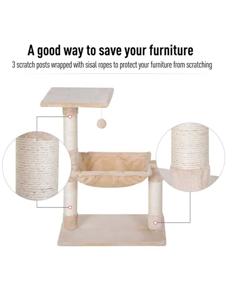 PawHut Cat Scratch Post with Bed Cat Tree for Indoor Cats Sisal Scratching Posts Hammock Kitty Activity Centre Beige