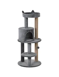 PawHut 104 cm Cat Tree, Cat Condo Tree Tower, Cat Activity Centre with Scratching Posts, Plush Perch, Hanging Ball - Grey