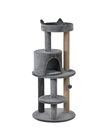PawHut 104 cm Cat Tree, Cat Condo Tree Tower, Cat Activity Centre with Scratching Posts, Plush Perch, Hanging Ball - Grey