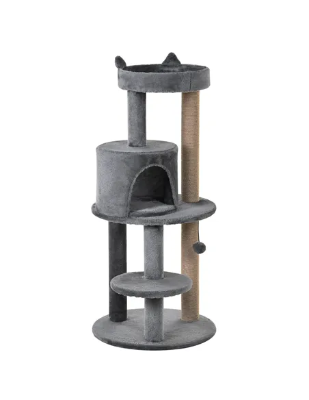 PawHut 104 cm Cat Tree, Cat Condo Tree Tower, Cat Activity Centre with Scratching Posts, Plush Perch, Hanging Ball - Grey
