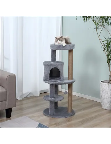 PawHut 104 cm Cat Tree, Cat Condo Tree Tower, Cat Activity Centre with Scratching Posts, Plush Perch, Hanging Ball - Grey