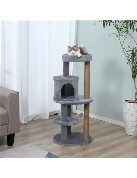 PawHut 104 cm Cat Tree, Cat Condo Tree Tower, Cat Activity Centre with Scratching Posts, Plush Perch, Hanging Ball - Grey