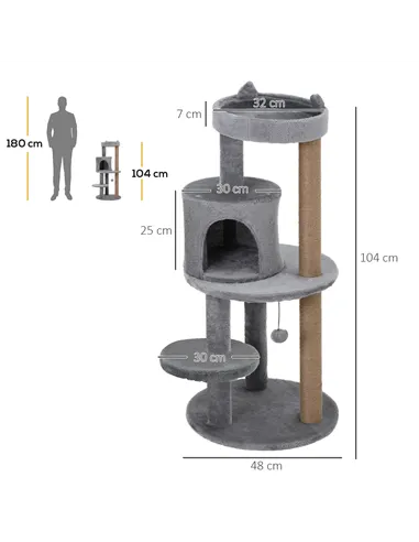 PawHut 104 cm Cat Tree, Cat Condo Tree Tower, Cat Activity Centre with Scratching Posts, Plush Perch, Hanging Ball - Grey