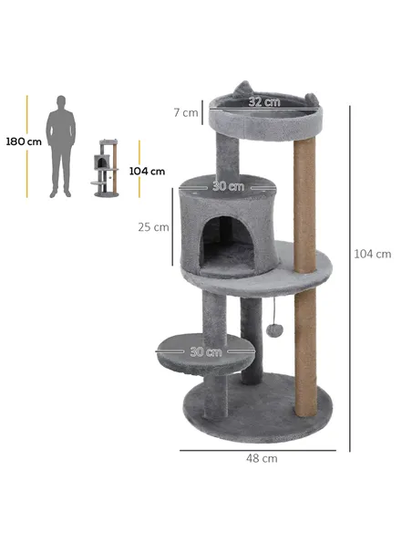 PawHut 104 cm Cat Tree, Cat Condo Tree Tower, Cat Activity Centre with Scratching Posts, Plush Perch, Hanging Ball - Grey