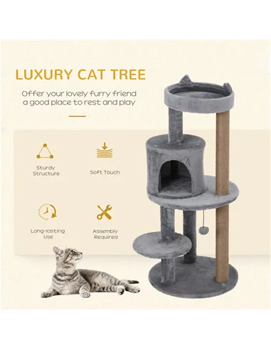 PawHut 104 cm Cat Tree, Cat Condo Tree Tower, Cat Activity Centre with Scratching Posts, Plush Perch, Hanging Ball - Grey