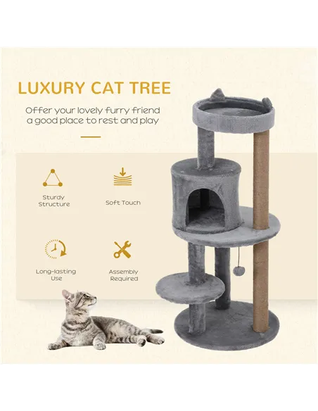 PawHut 104 cm Cat Tree, Cat Condo Tree Tower, Cat Activity Centre with Scratching Posts, Plush Perch, Hanging Ball - Grey