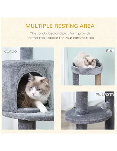 PawHut 104 cm Cat Tree, Cat Condo Tree Tower, Cat Activity Centre with Scratching Posts, Plush Perch, Hanging Ball - Grey