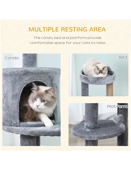PawHut 104 cm Cat Tree, Cat Condo Tree Tower, Cat Activity Centre with Scratching Posts, Plush Perch, Hanging Ball - Grey
