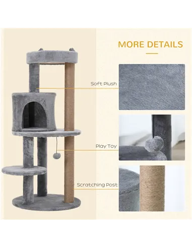 PawHut 104 cm Cat Tree, Cat Condo Tree Tower, Cat Activity Centre with Scratching Posts, Plush Perch, Hanging Ball - Grey