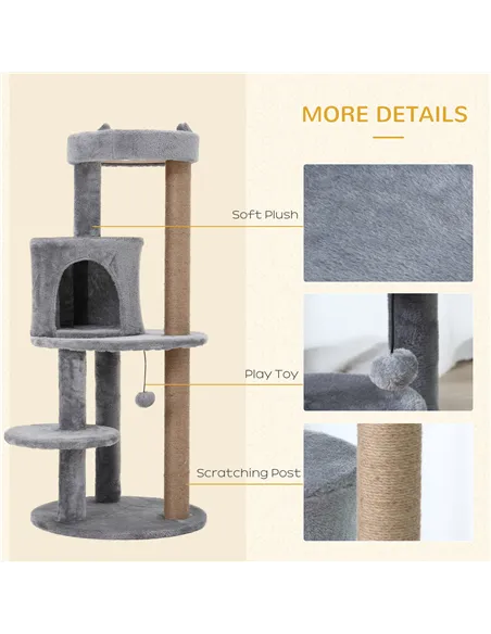 PawHut 104 cm Cat Tree, Cat Condo Tree Tower, Cat Activity Centre with Scratching Posts, Plush Perch, Hanging Ball - Grey