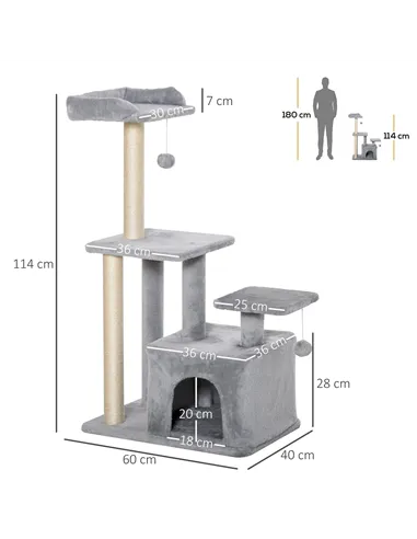 PawHut Cat Tree Tower for Indoor Cats 114cm Climbing Activity Centre Kitten with Sisal Scratching Post Perch Hanging Ball Condo 