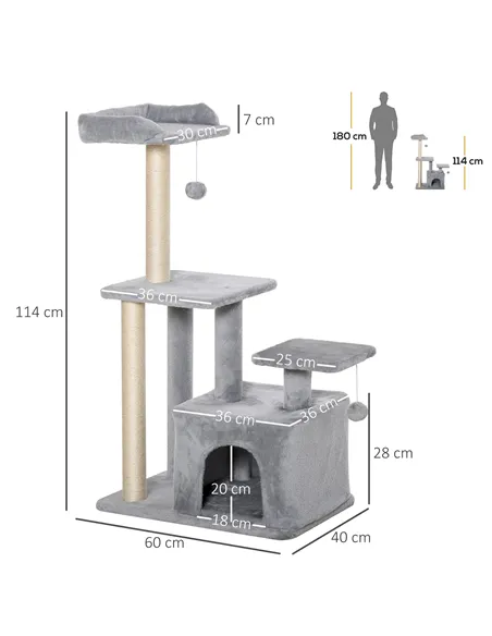 PawHut Cat Tree Tower for Indoor Cats 114cm Climbing Activity Centre Kitten with Sisal Scratching Post Perch Hanging Ball Condo 