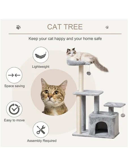 PawHut Cat Tree Tower for Indoor Cats 114cm Climbing Activity Centre Kitten with Sisal Scratching Post Perch Hanging Ball Condo 