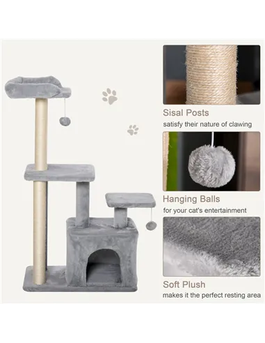 PawHut Cat Tree Tower for Indoor Cats 114cm Climbing Activity Centre Kitten with Sisal Scratching Post Perch Hanging Ball Condo 