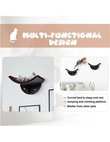 PawHut Wood Cat Shelves, Wall-Mounted Cat Shelter, Curved Kitten Bed Perch Climber Furniture 41 x 28 x 21cm Brown