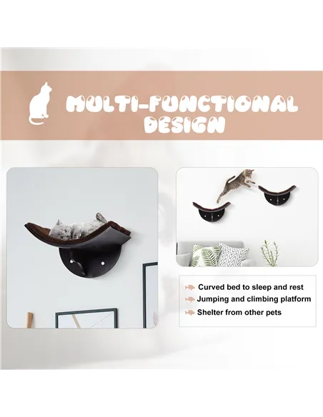 PawHut Wood Cat Shelves, Wall-Mounted Cat Shelter, Curved Kitten Bed Perch Climber Furniture 41 x 28 x 21cm Brown